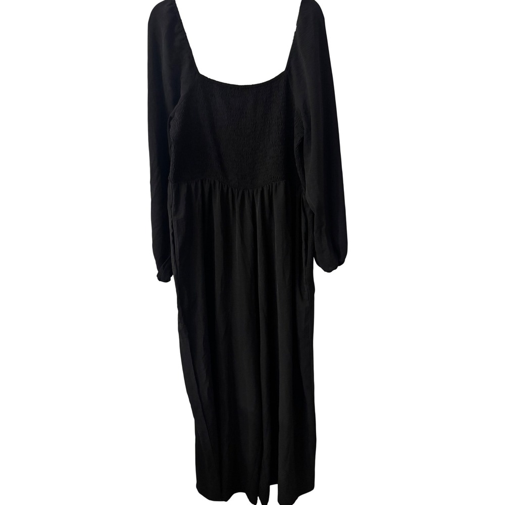 Dokotoo Black Smocked Long Sleeve Jumpsuit Square Neck Wide Leg Pockets NEW